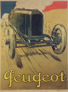 プジョーレーシングカーの宣伝ポスター、1918年頃